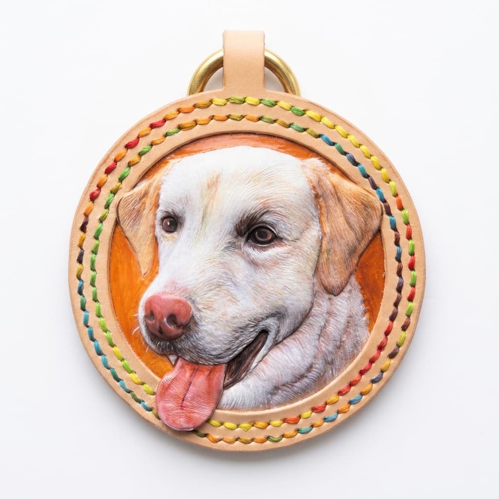 Handmade 3D leather pet carving pendant featuring a white dog portrait, original leather color.