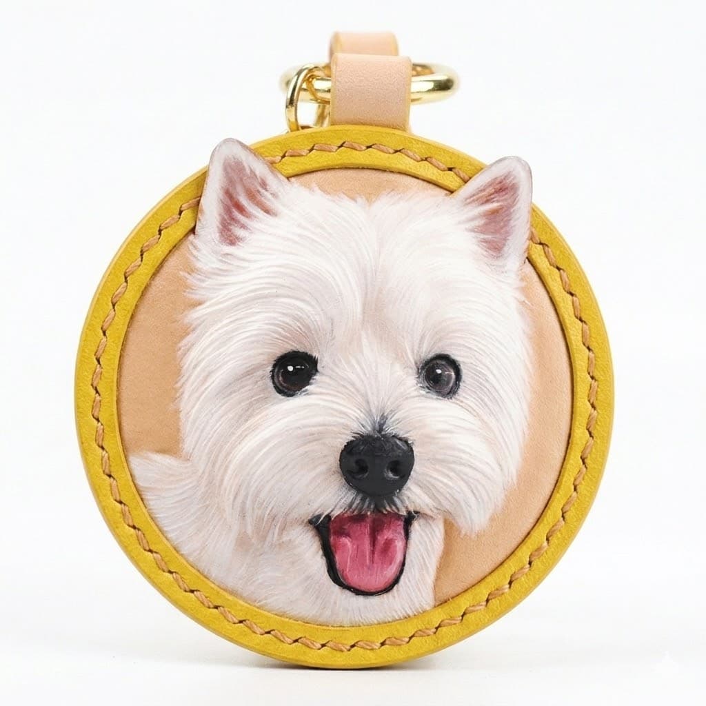 Handmade 3D leather pet carving pendant featuring a white dog portrait, yellow color.